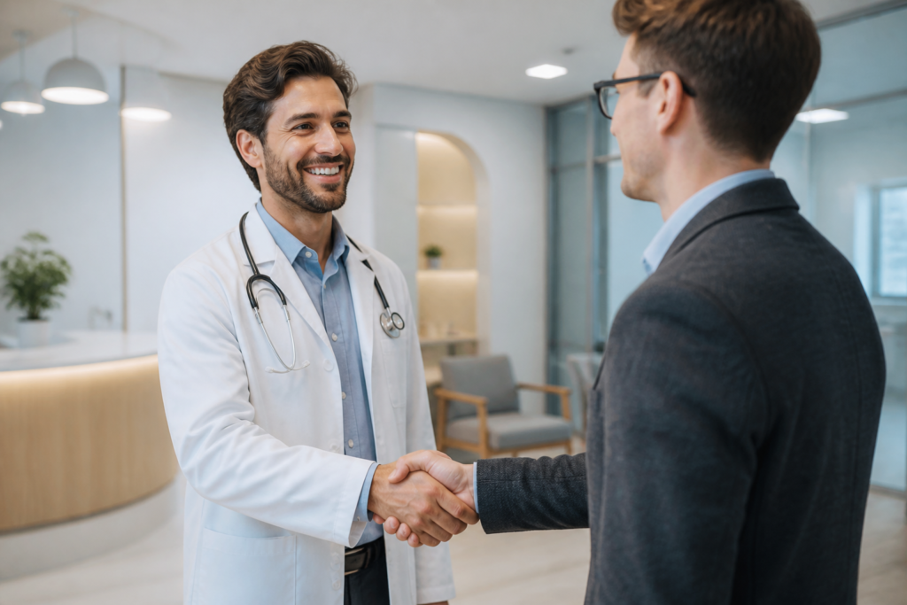 پزشک خوشحال در حال دست دادن با معمار پس از اتمام بازسازی مطب